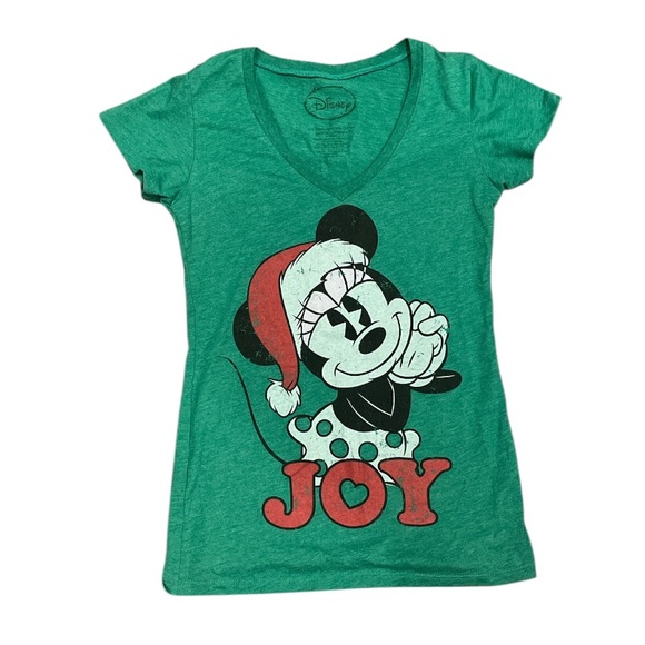Disney Tops - Women’s Small Disney Green Joy Santa Hat Minnie Mouse V Neck Tshirt